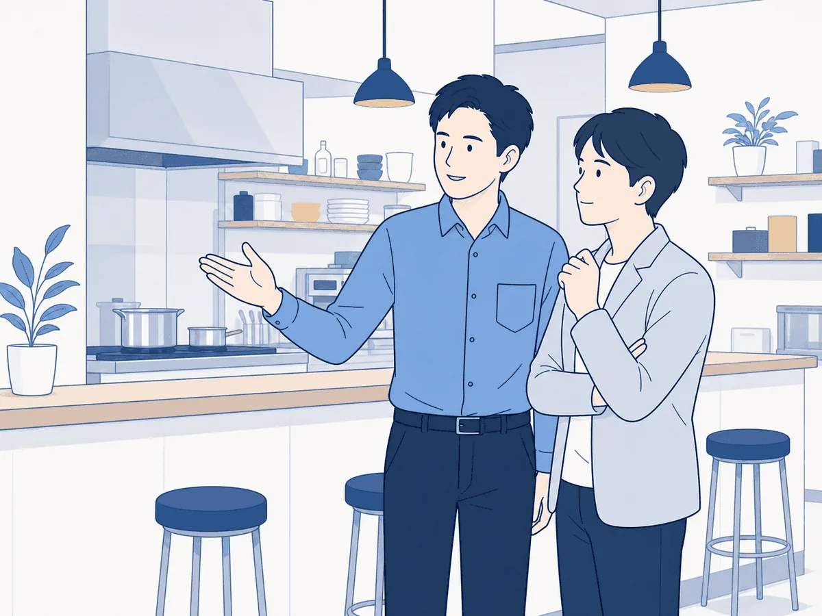 店内でオーナーが加盟希望者に現場を見せながら説明している店舗視察のイラスト