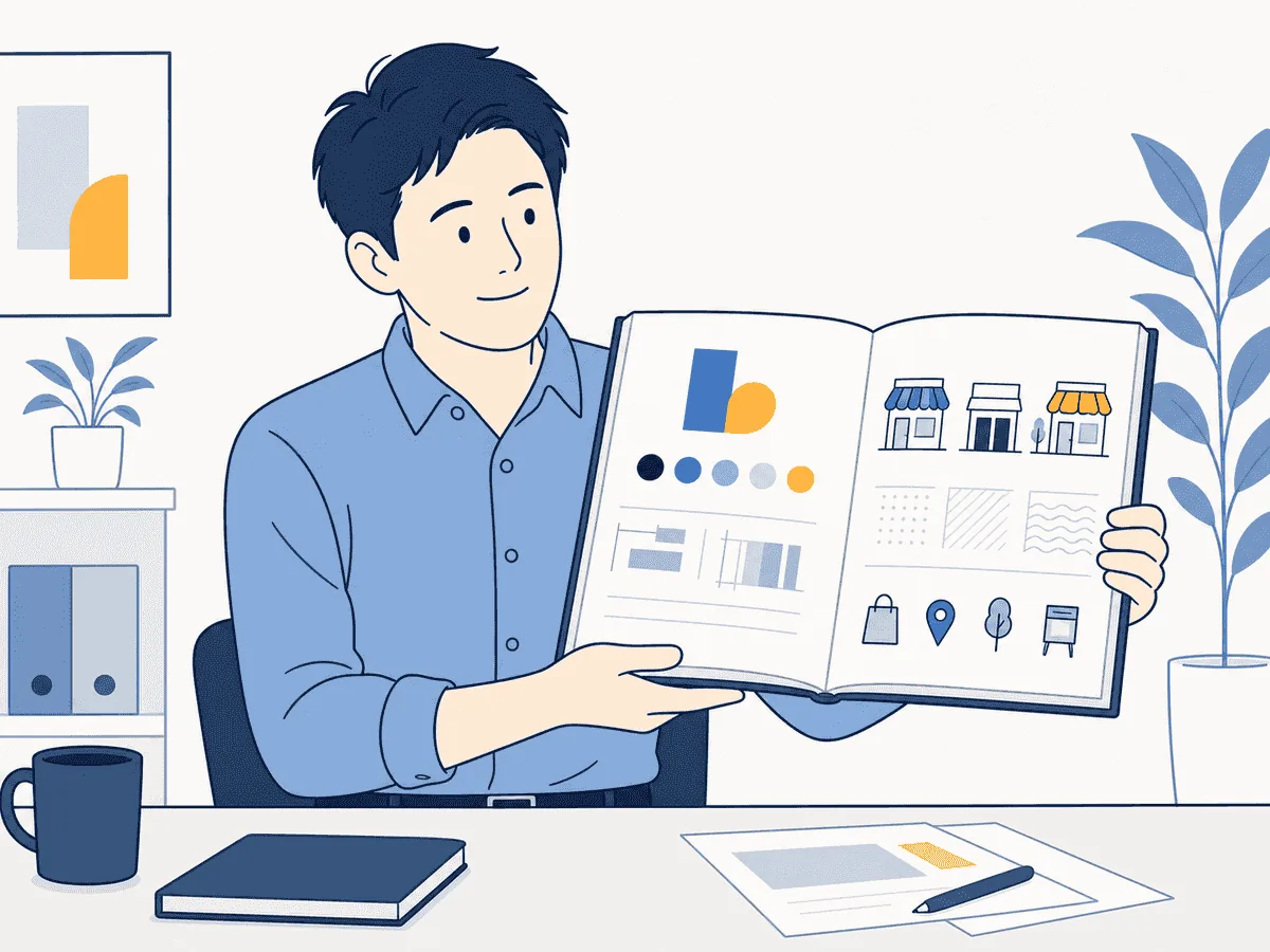 ロゴや店舗デザインの基準をまとめたブランドブックを開いて示す店舗オーナーのイラスト