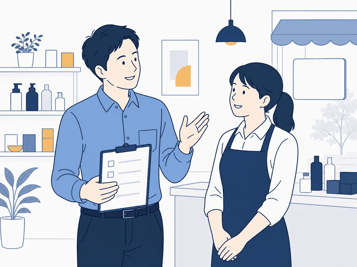 チェックリストを手に店舗を訪れ、スタッフと和やかに話すスーパーバイザーのイラスト
