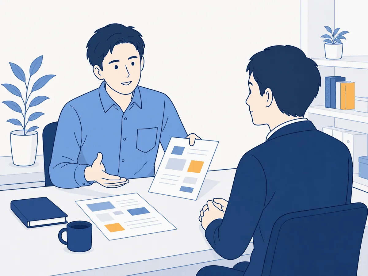 本部の担当者が既存オーナーに2店舗目の制度を提示して相談しているイラスト
