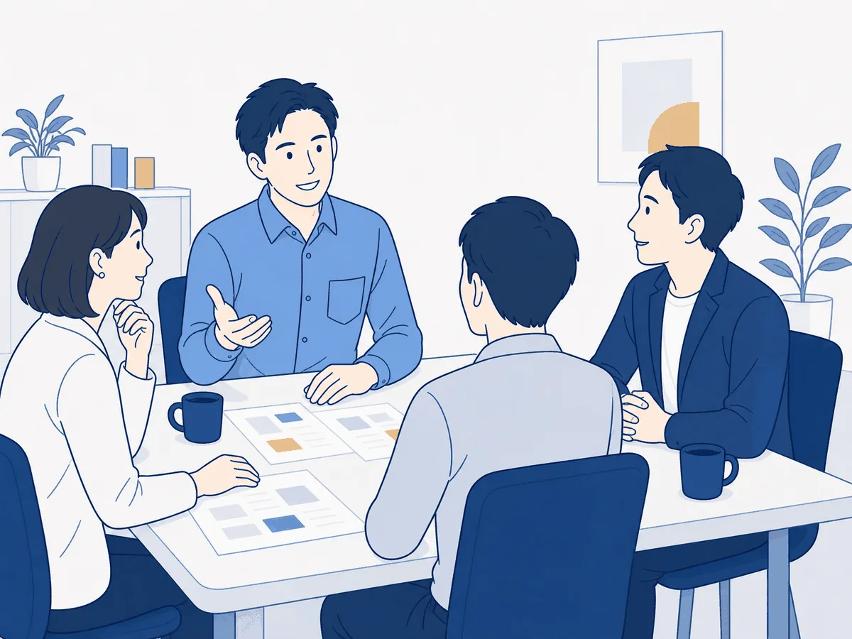 オーナー会で複数の加盟店オーナーが成功事例を共有し学び合っているイラスト