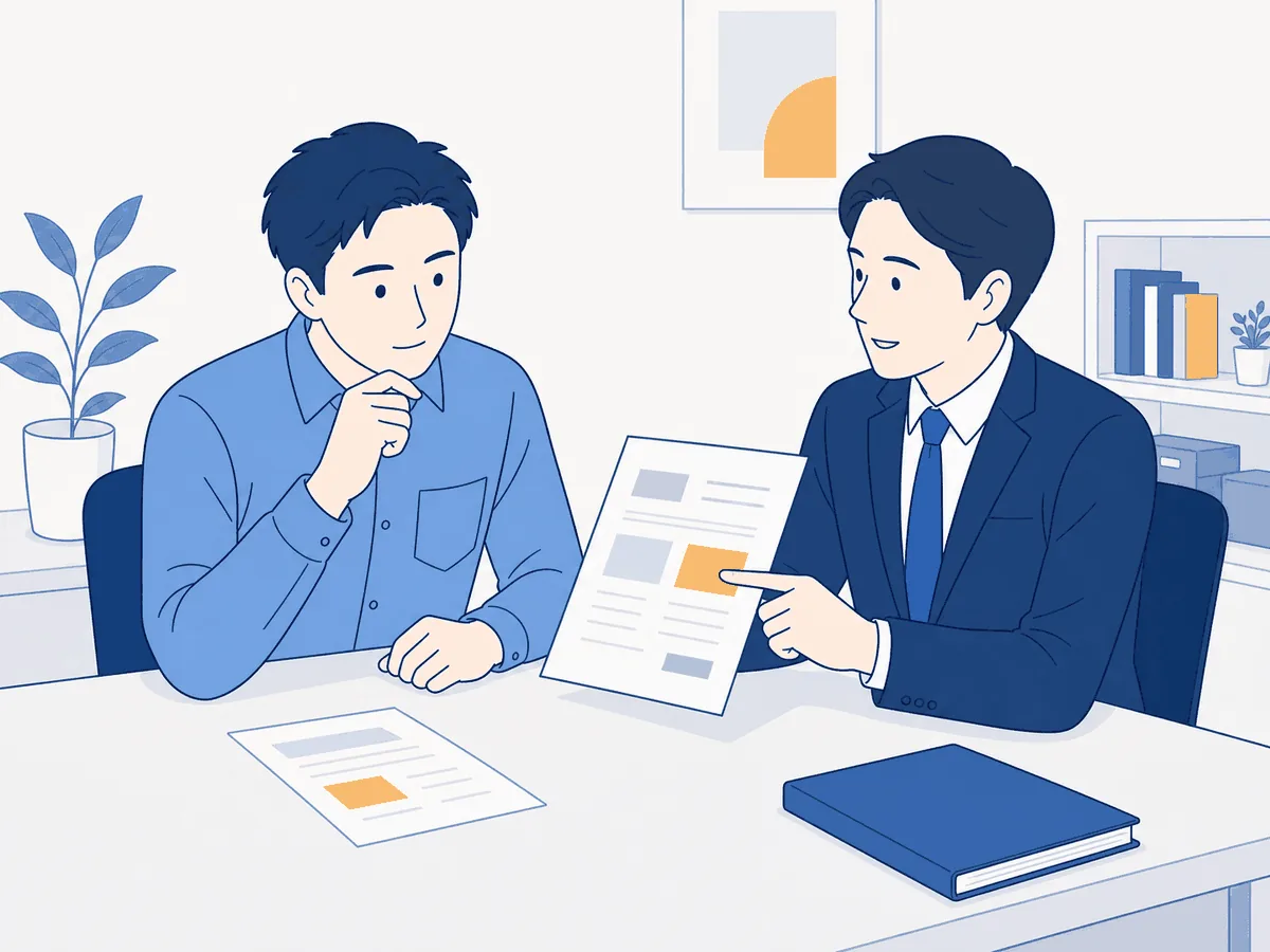 契約書を持参して弁護士など専門家にリーガルチェックを依頼している店舗オーナーのイラスト