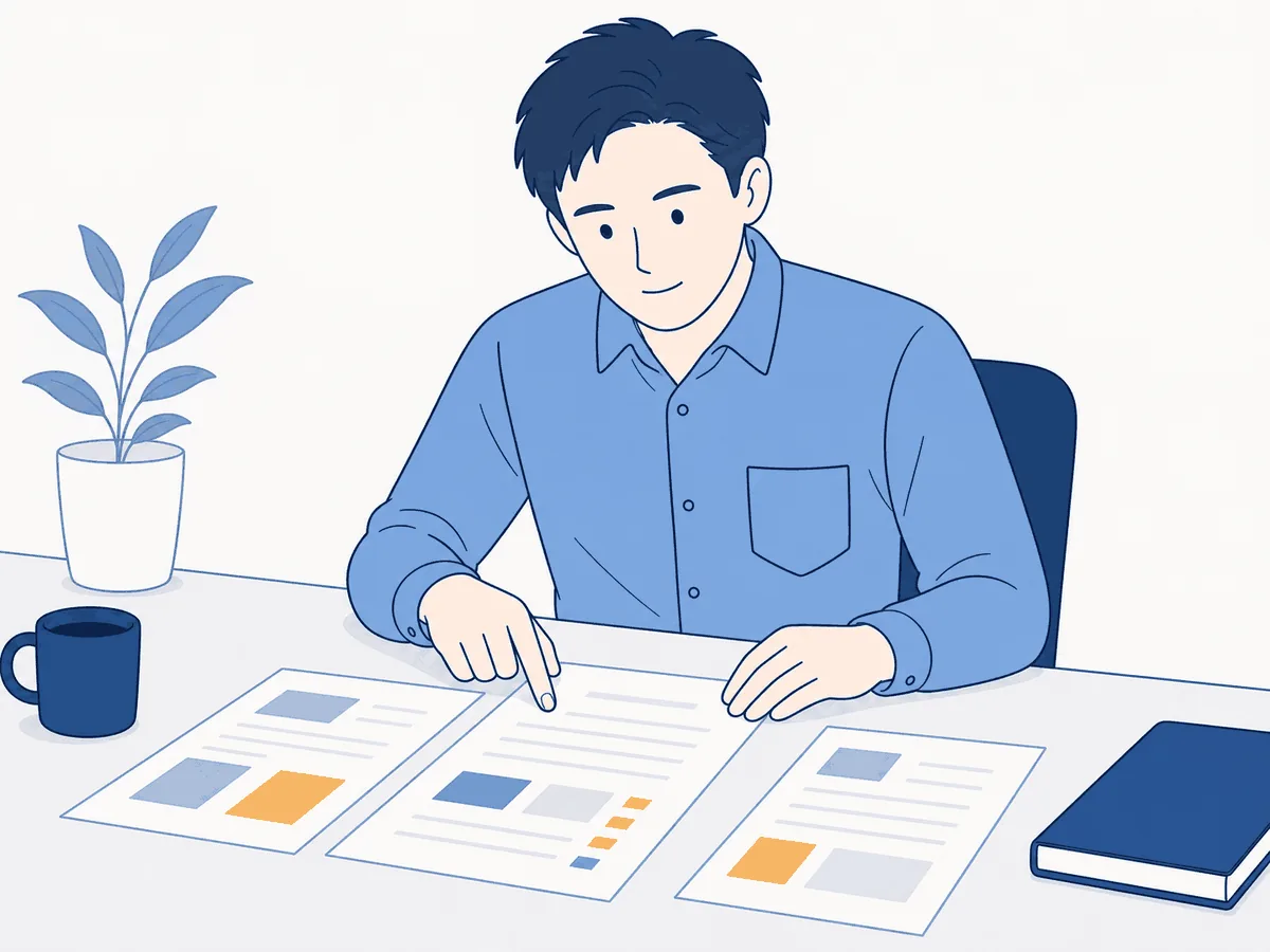 契約書の条項を一つずつ慎重に読み込んで確認している店舗オーナーのイラスト