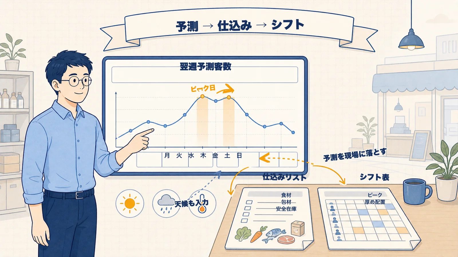 需要予測AIで仕込み・シフトを最適化する|POS×天候×曜日データの活用と業態別の運用
