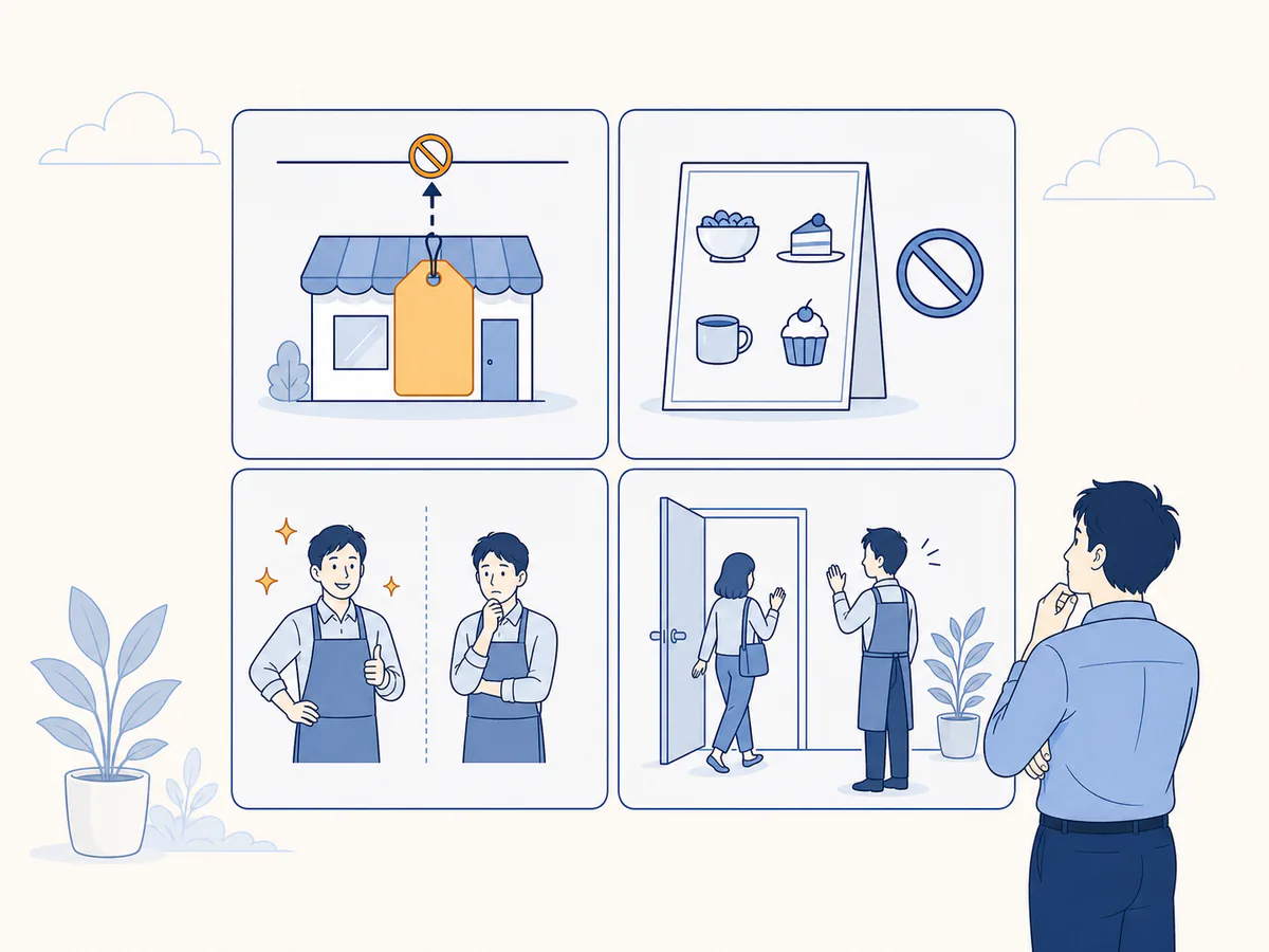 客単価が頭打ちになる4つの構造パターンを横並びで示したイラスト