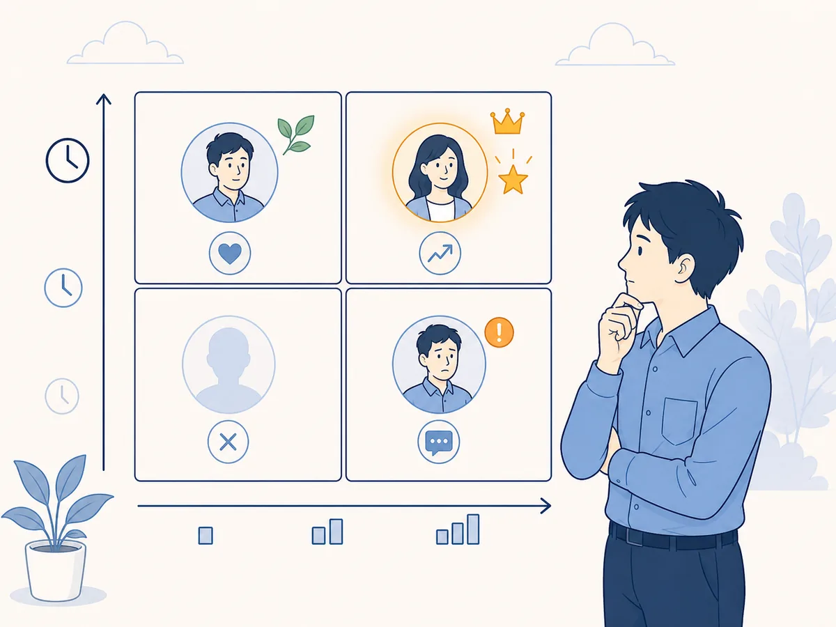 RFM分析と顧客セグメント別の打ち手マトリクスのイラスト