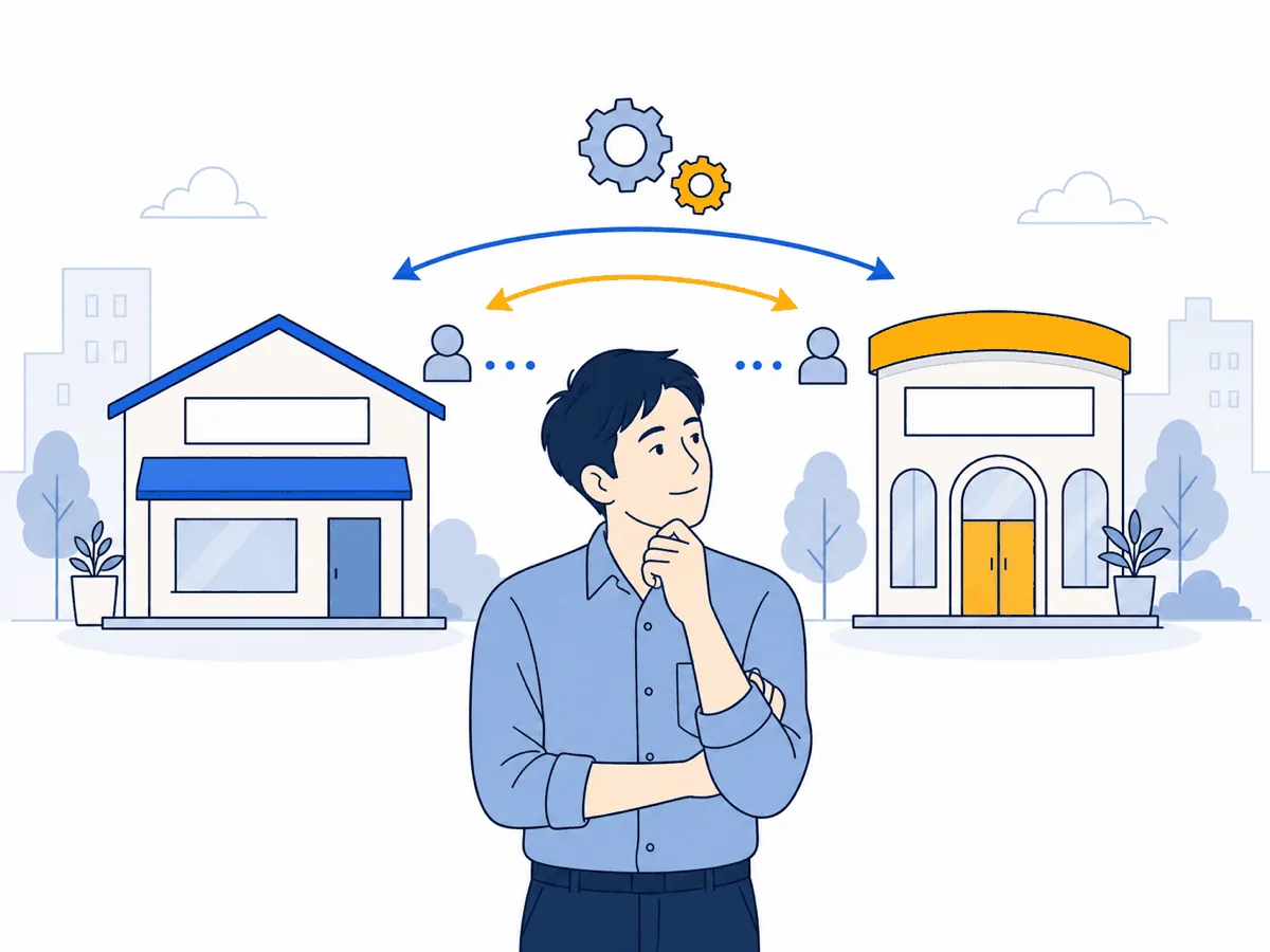 2つの異なる事業のあいだで、ノウハウや人材が行き来して支え合うシナジーをイメージする店舗オーナーのイラスト