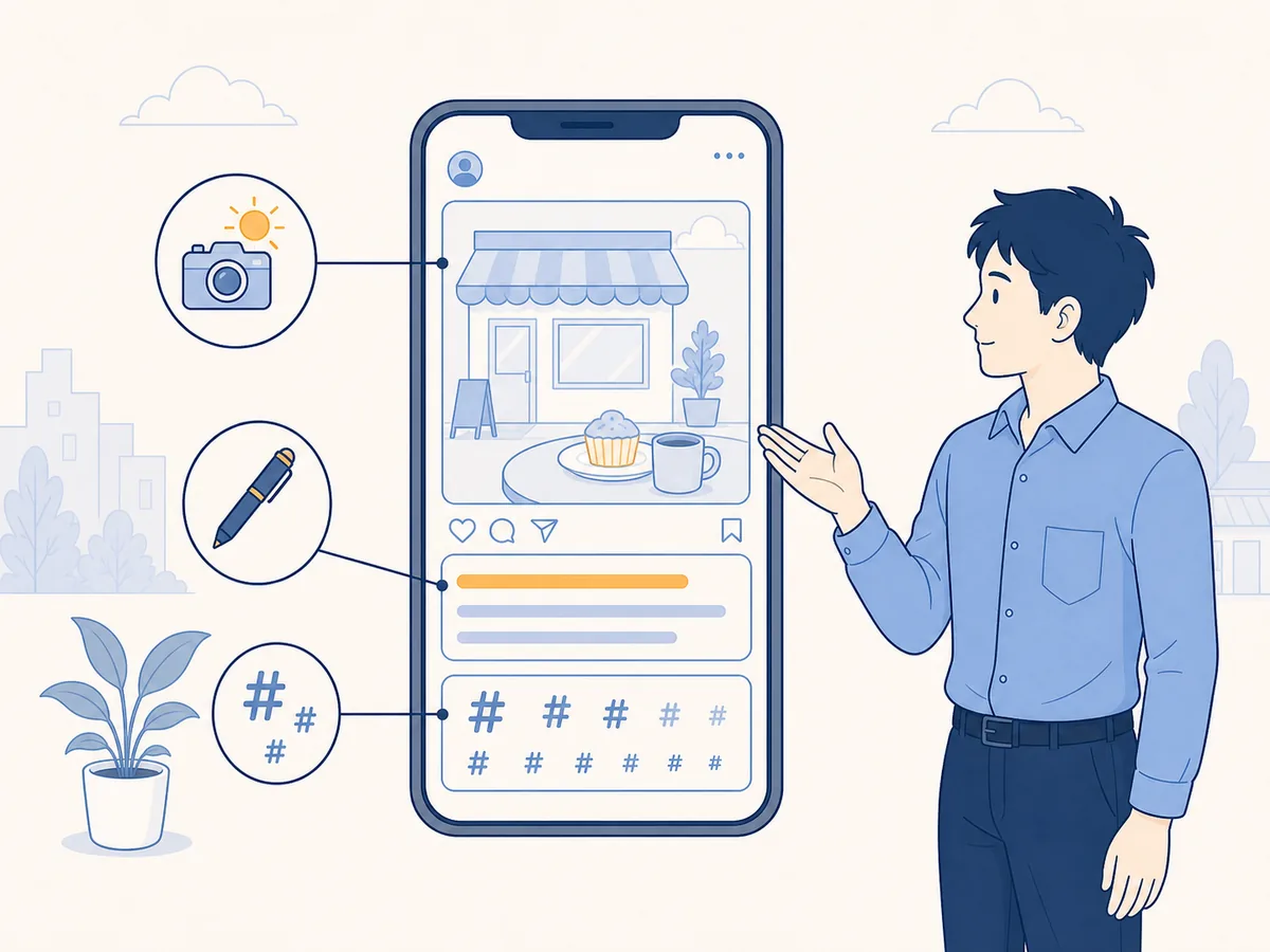 Instagram投稿の型(写真・キャプション・ハッシュタグ)のイラスト