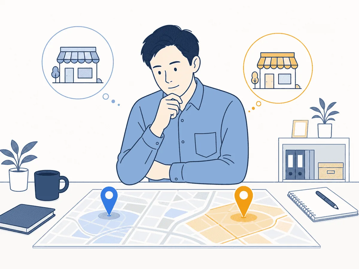次の1店を今のエリアに重ねるか新しいエリアに出すか、2つの候補地で見極める店舗オーナーのイラスト