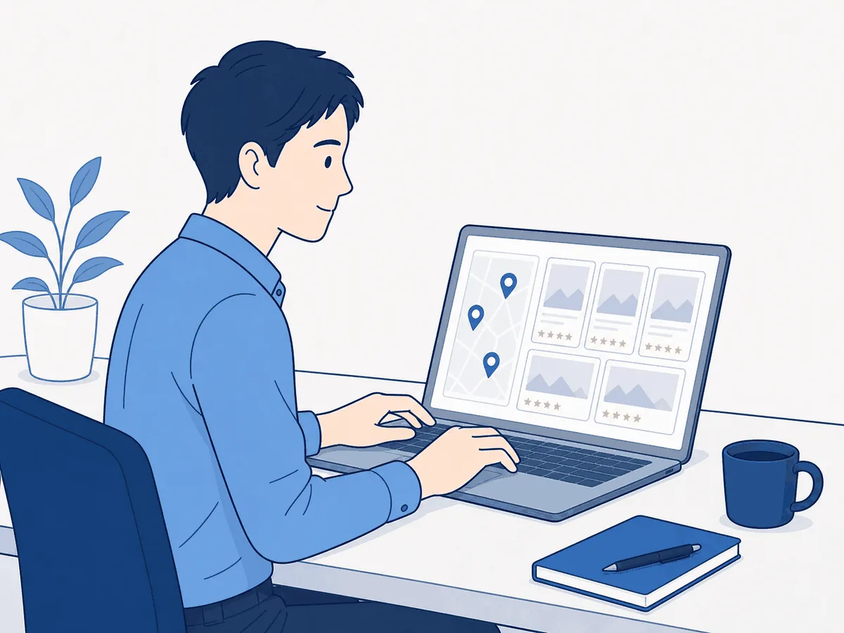 店舗の情報や地図のピンを確認しながらGoogleビジネスプロフィールを整えている店舗オーナーのイラスト